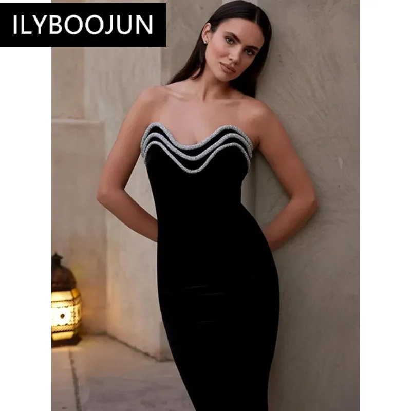 Sexy Strapless Backless Diamonds Black Midi Bodycon Bandage Club Party Outfit Dresses For Women 2024 Luxury Brand High Quality