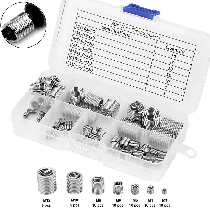 

60Pcs Stainless Steel Threaded Insert Wire Metric Thread Repair Insert Assortment Helicoil Kit 2D Fastening Hardware Repair Tool