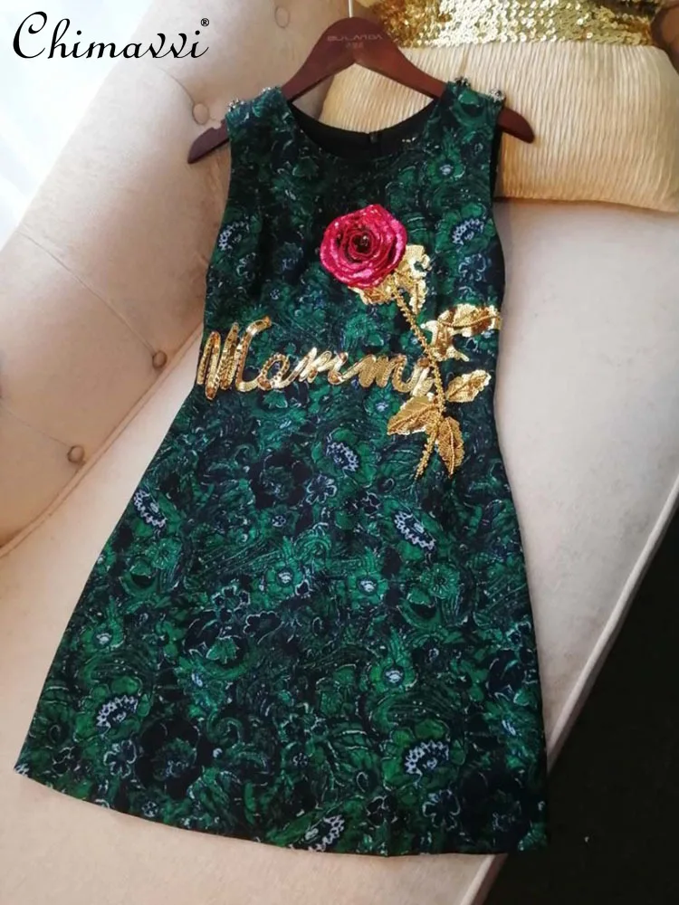 

2024 Summer New Heavy Sequins Beaded Drill Buckle Sleeveless Vest Dress Fashion Green Rose Slim Temperament Ladies Party Dress