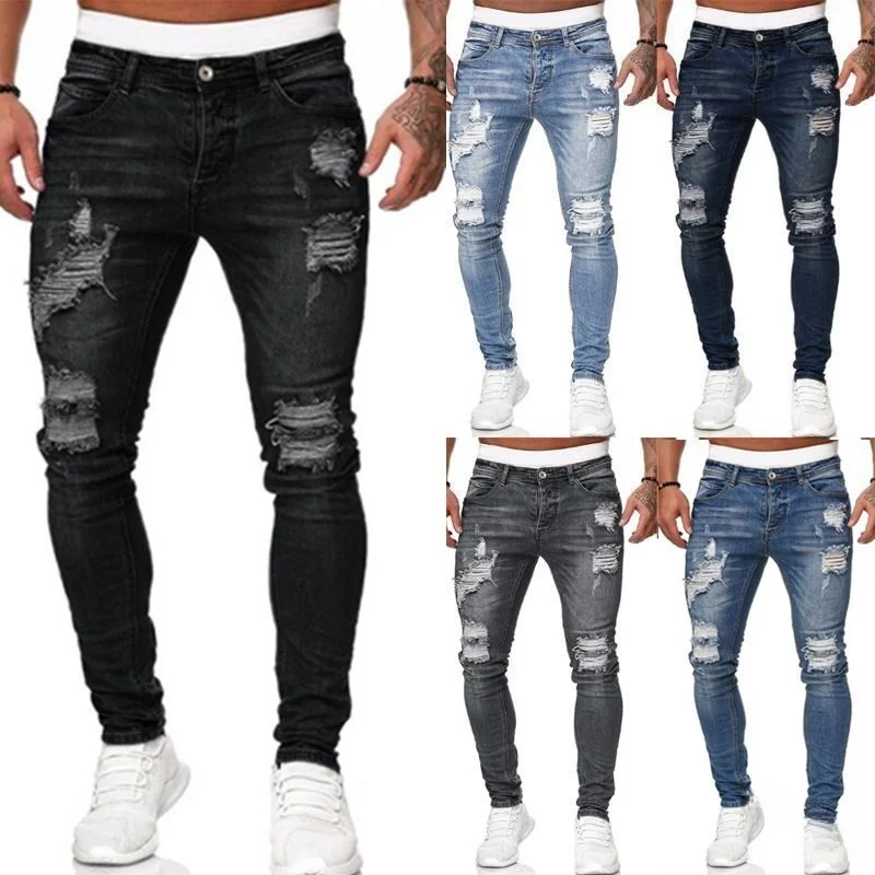 

Новые модные мужские джинсы Slim Fit с дырочками, модные повседневные длинные брюки со средней талией, застежка-молния, всесезонные, китайское производство