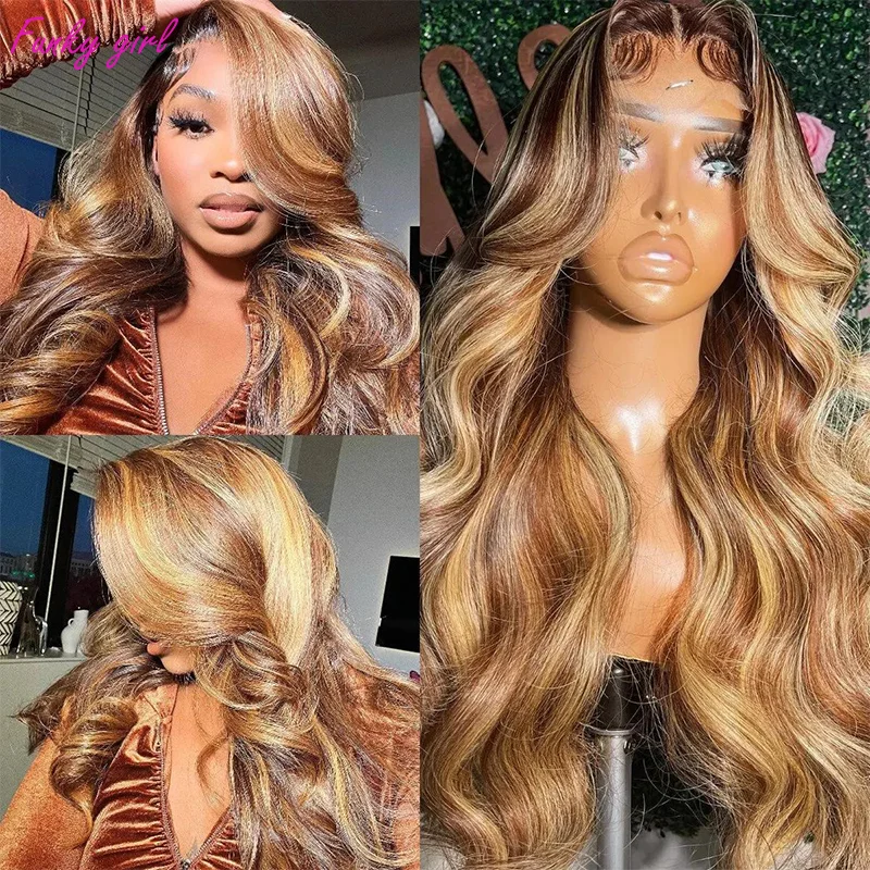 Honey Blonde Body Wave Wigs 100% Real Human Hair Wig Highlight Wig 13x6 Transparent Lace Frontal 180 Density Wigs Brizilian Hair