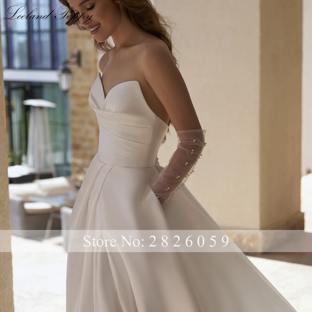 Lceland Poppy Customized A Line Strapless Satin Wedding Dresses Floor Length Pleated High Split Bridal Gowns with Side Pockets