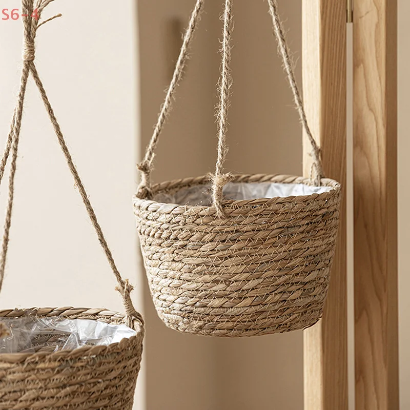 Garden Hanging Flower Pot, Wheat Rack, Plant Storage Basket, Woven Yellow Hemp Rope, Indoor And Outdoor Flower Pot Rack
