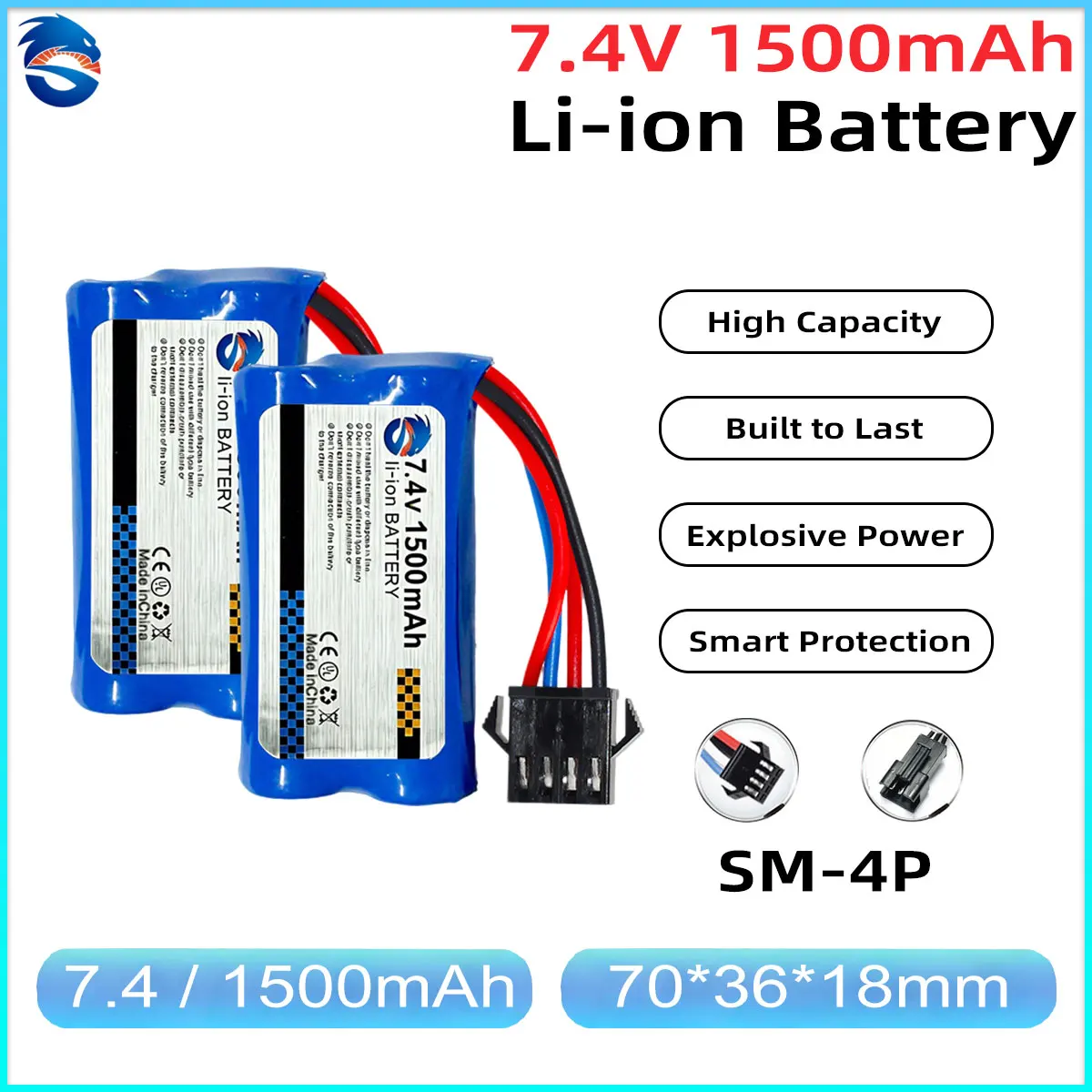 

Аккумулятор Skymaker 2S Li-Ion 7.4V 1500mAh 15C с разъемом SM4P для моделей WPL C24-1 C14 C34 C54 B24 B36, запчасти для тюнинга радиоуправляемых машин