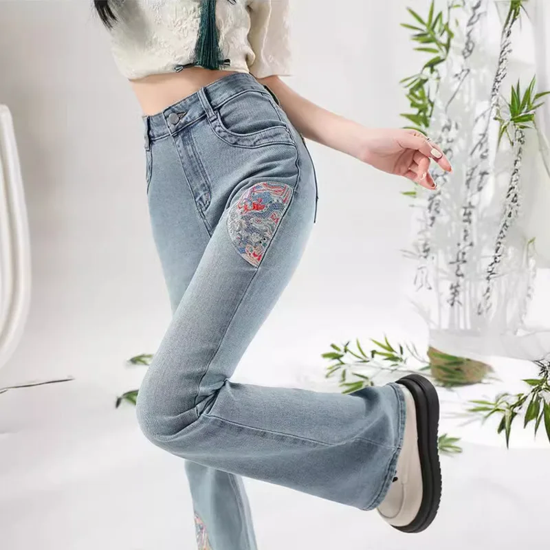 #2040 Denim Blue Flare Jeans Women Slim Vintage Chinese Style High Waist Bell Bottom Long Jeans Embroidery Women's Jeans Spring