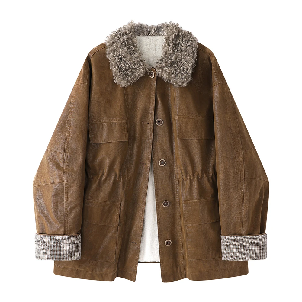 Jaqueta feminina vintage de couro PU forrada de pele sintética casaco de inverno grande quente solto ajuste agasalhos