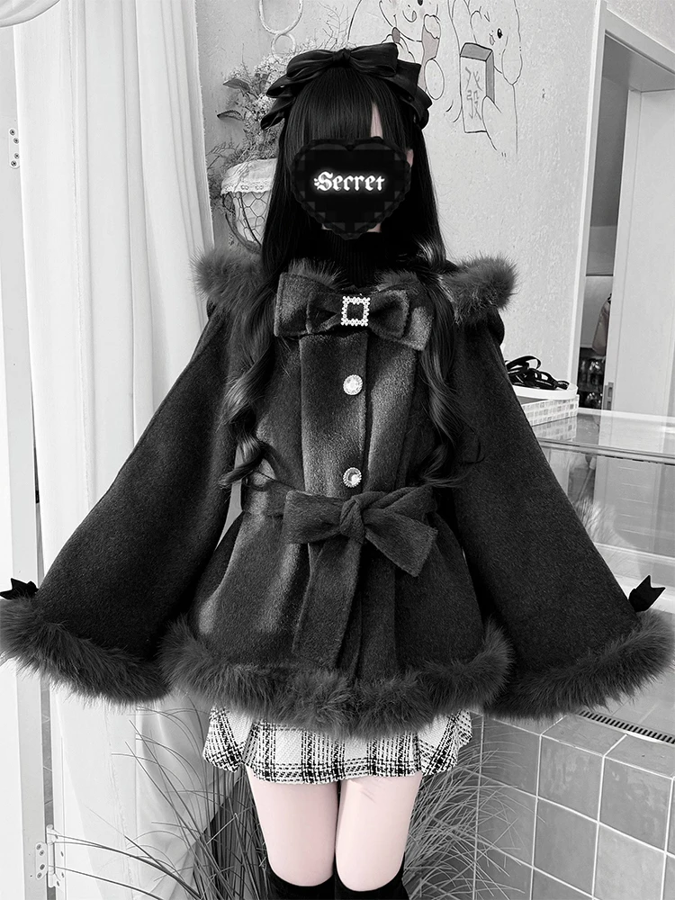 

Bla Bowknot Woolen Coat for Women Japanese Sle Winter 2025 New Small Size Cowl Ne Thiened Polyester Fiber Coat