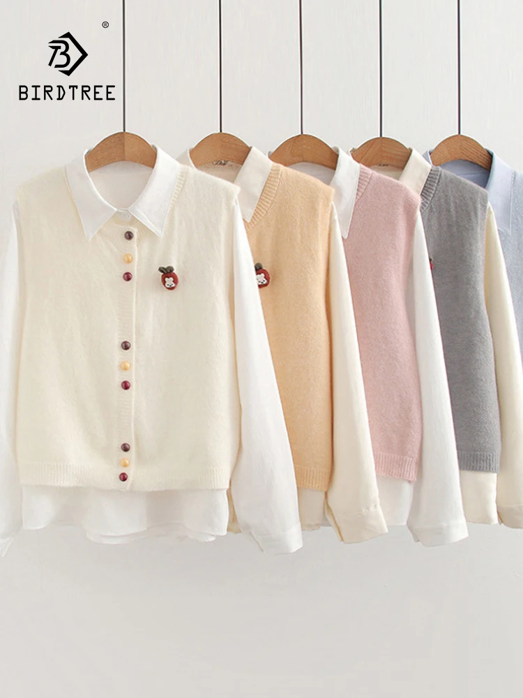 

New 2025 Winter Cotton Shirt Knit Vest Set, Women O Neck Colorful Buttons, Mori Girl Chic Preppy Style Loose Blouse Set S5N663CC
