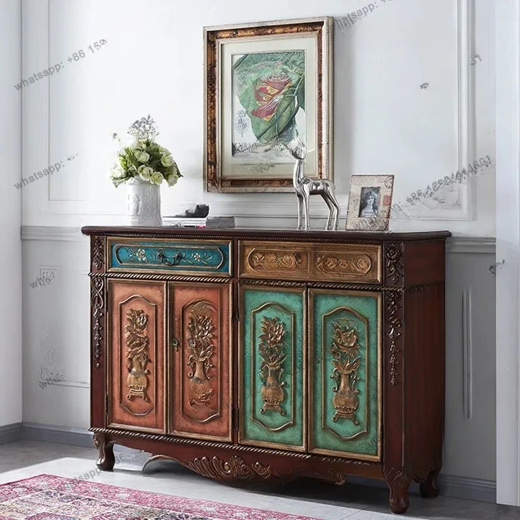 Q  four-door solid wood retro hand-painted door shoe cabinet adjustable baffle entrance cabinet storage