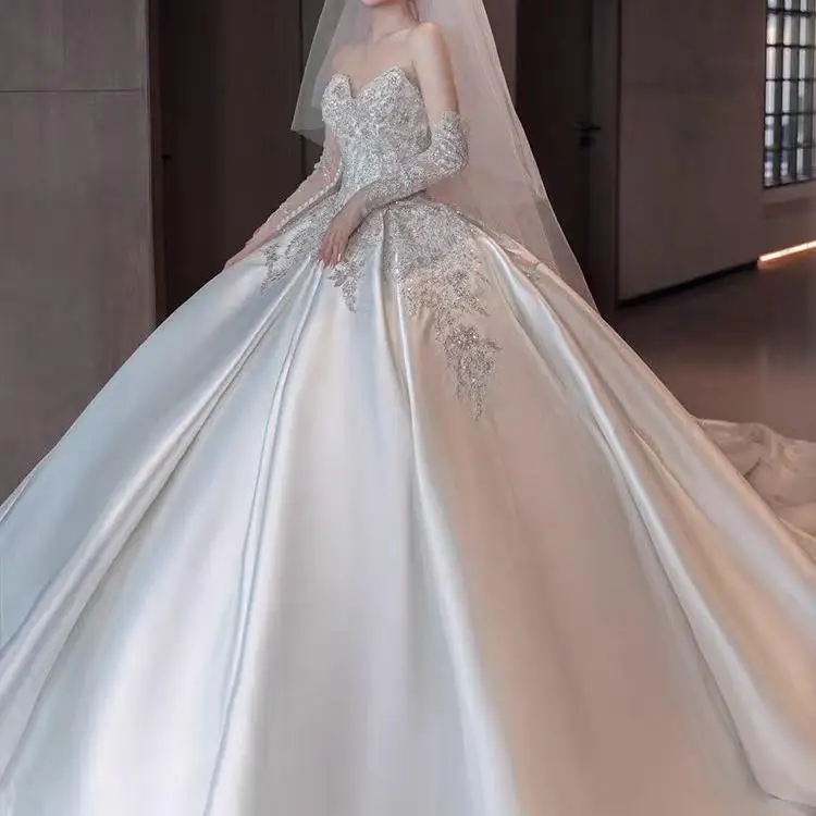 Abito da sposa in raso di seta Dr 2024 New Sle Or plus Size Abito da sposa con cintura ricamata a vita alta con coda lunga fino al pavimento