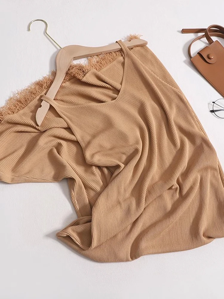 Robe tricotée coréenne pour Femme, Sexy, col en V, sans manches, couleur unie, pompon, ample, bretelles Spaghetti, Robe longue décontractée, été, 2025