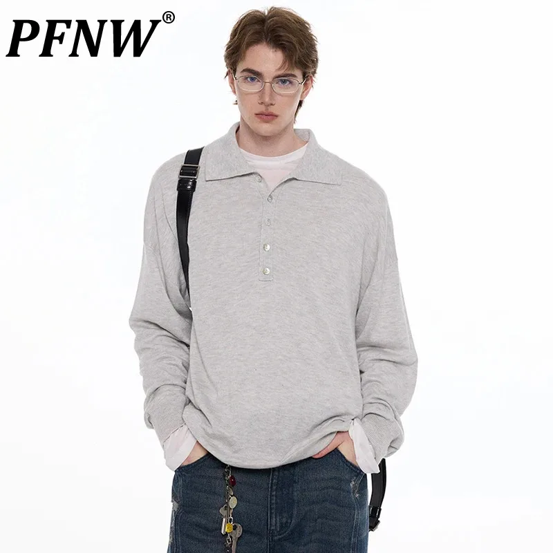 

PFNW Trendy Knitted Lapel Lazy Male Silhouette Sweatershirt New Long Sleeve Solid Color Button Design Loose Tops Autumn 28W4356