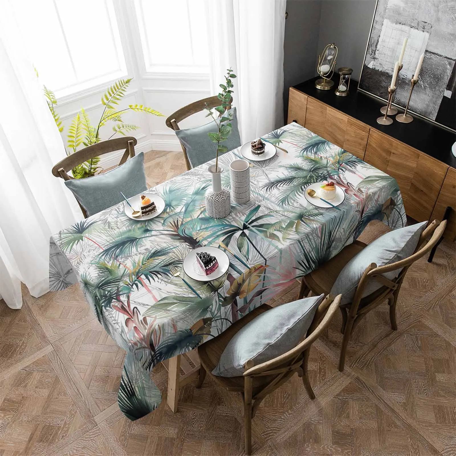 

Summer Hand Drawn Tropical Plants Anti-scalding Waterproof Tablecloth Rectangular Round Table Cover Kitchen Furnishings