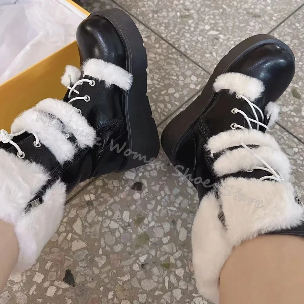 

Fur Snow Knee High Boots Warm Platform Round Toe Height Increasing Mixed Color Fashion Elegant Concise Sexy Women Shoes Newest
