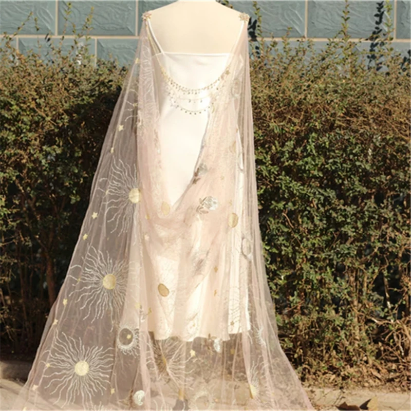 

Pink Floral Wedding Bridal Cape Shoulder Veils Embroidered Stars Sun Moon Flowers Unique Celestial Cloak For Brides Cathedral