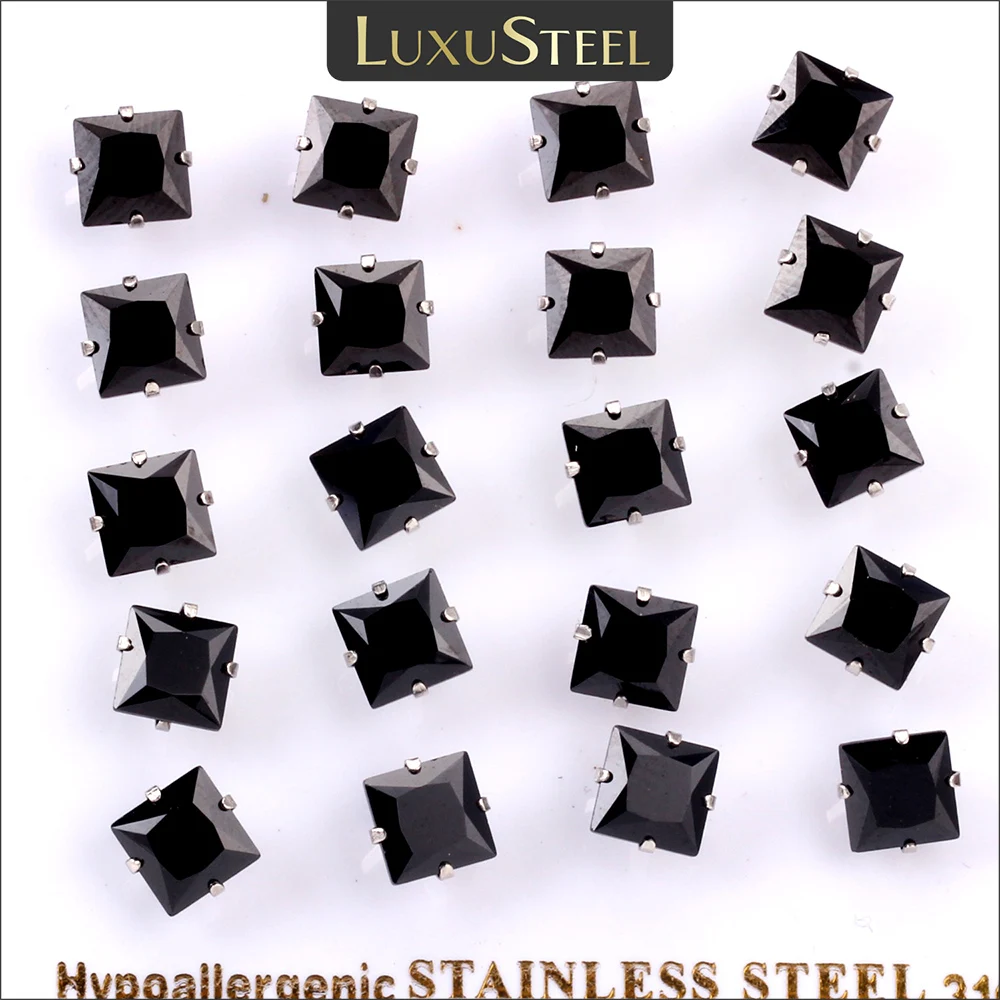 LUXUSTEEL 10Pairs/Card Earrings for Women Men Black Square Cubic Zirconia Stud Earrings Brinco Mujer Party Wholesale Jewelry