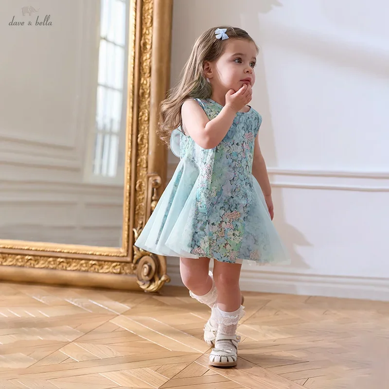 Dave Bella Girls' Dress Summer Sweet Charm Cute Children's Elegant Blue Mesh Floral Print Princess Dress Party Outdoor DB2252212