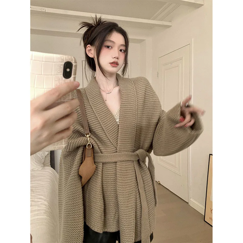 High-End Design Sweater Coat Ladies Autumn And Winter Soft Waxy Sweater Casual Tie Waist Cardigan Tie Solid Color V-Neck Sweater