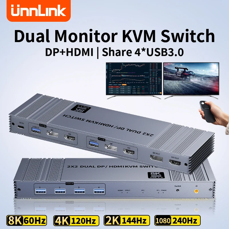 

Unnlink 2X2 DP HDMI Dual Monitor KVM Switch 8K 4K DisplayPort 2 in 2 out For 2 PC Share USB 3.0 Dual Display Matrix KVM Switcher