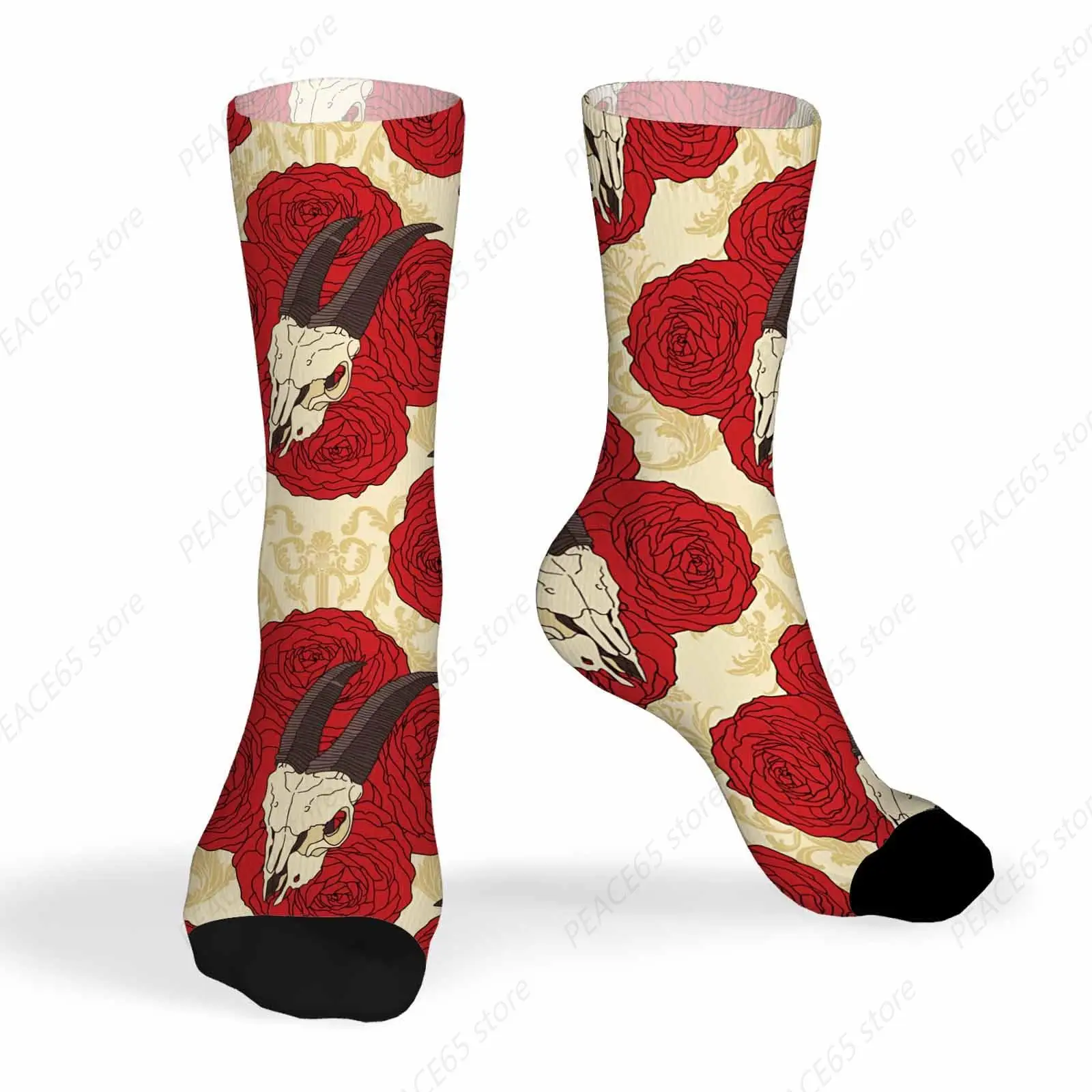 Mens Socks Goat Skull Funny Novelty Crazy Crew Socks Red Roses Background Animal Bone Desert Horn Skeleton Symbol Artwork