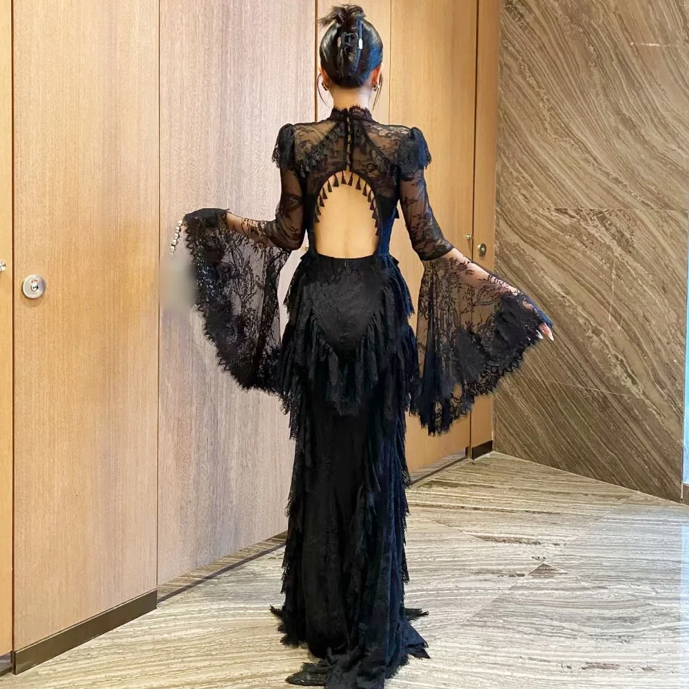 Maßgeschneiderte Formelle Abendkleider Hochwertige Spitze Trompetenärmel Rückenfreie Lange Kleider Exquisites Partykleid für Bankette Charmant