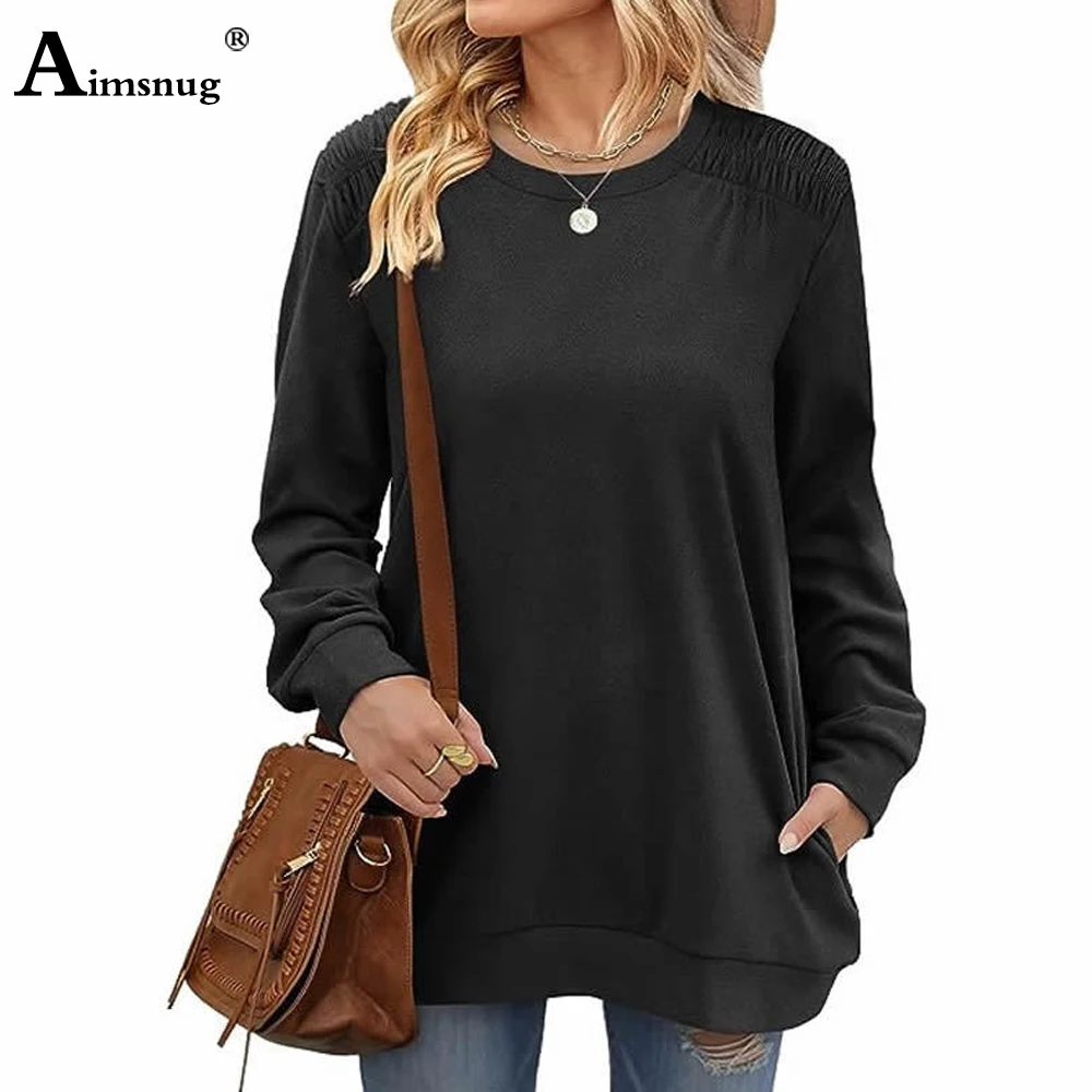 Aimsnug Female Casual Retro Stand Pocket Sweatshirt Women Loose Style Basic Pullovers 2023 Autumn New Simple Tops Streetwear