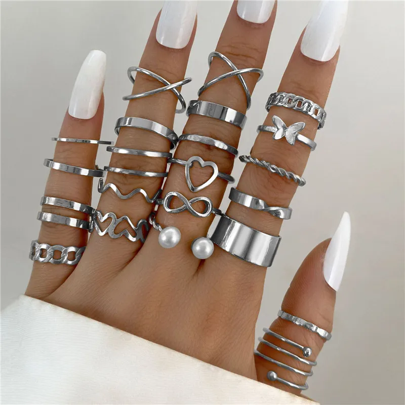 Vintage Hollow Heart Butterfly Rings Set For Women Metal Silver Color Geometric Spiral Shape Ring 22pcs Set 2024 Trendy Jewelry