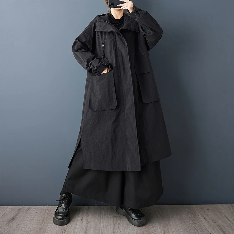 

SuperAen Black Oversize Casual Hooded Trench Coats for Women 2025 Autumn New Fashion Double Pocket Loose Long Coats
