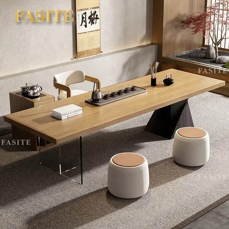 Solid Wood Log Tea Table Simple Light Luxury High End Large Board for Home Living Room Office Furniture
