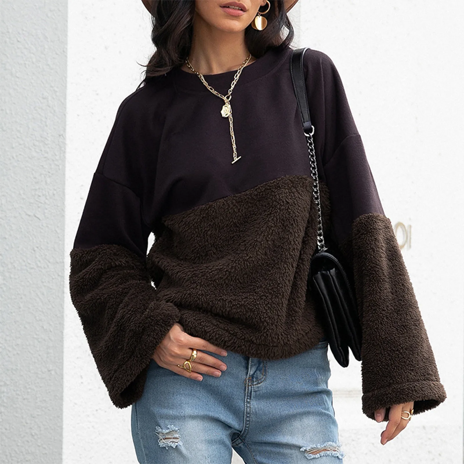 Oversize Patchwork Sweatshirt Solid Color Lamb Hair O-Neck Long Sleeve Women Sweatshirt Korean Fashion Loose Hoodies Streetwear