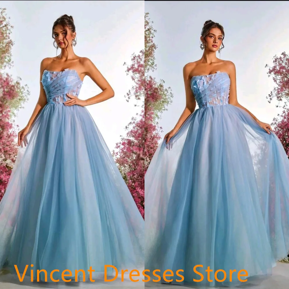 Maßgeschneiderte zarte blaue Tüll-Promi-Kleider, elegante trägerlose Applikationen, Kontrastfarbe, Schnürung am Rücken, Vestido De Noche