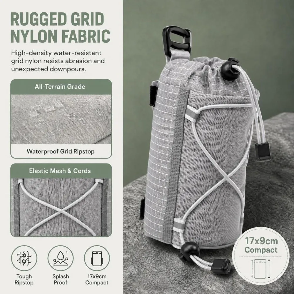 Durable Grid Nylon Water Bottle Pouch Mesh Adjustable Strap Hydration Sleeve Drinkware Attachment Camping