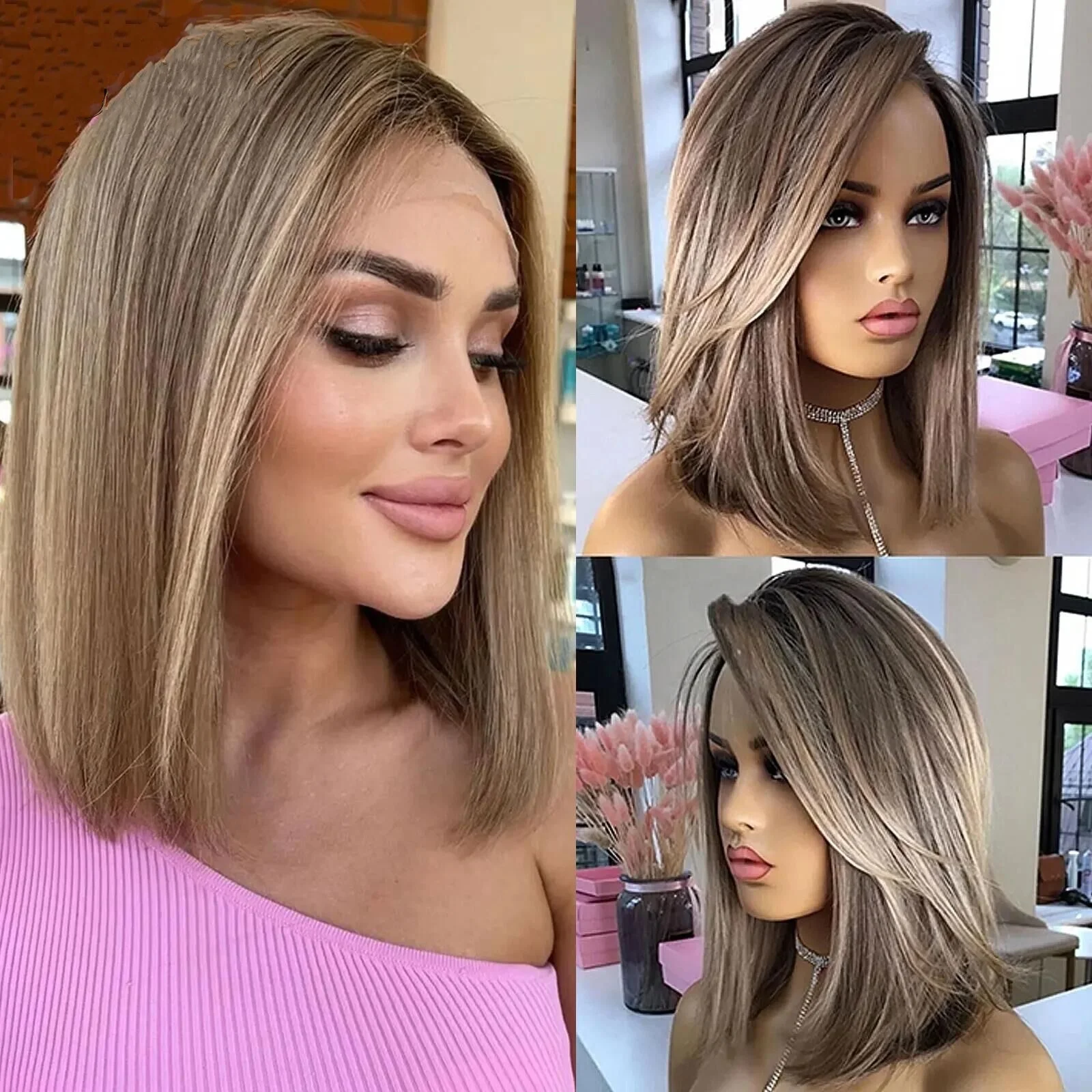 

Glueless Soft Bob 14inc Highlight Blonde Straight 5x5 Silk Base Jewish Human Hair With BabyHair HD Lace European Hair Preplucked