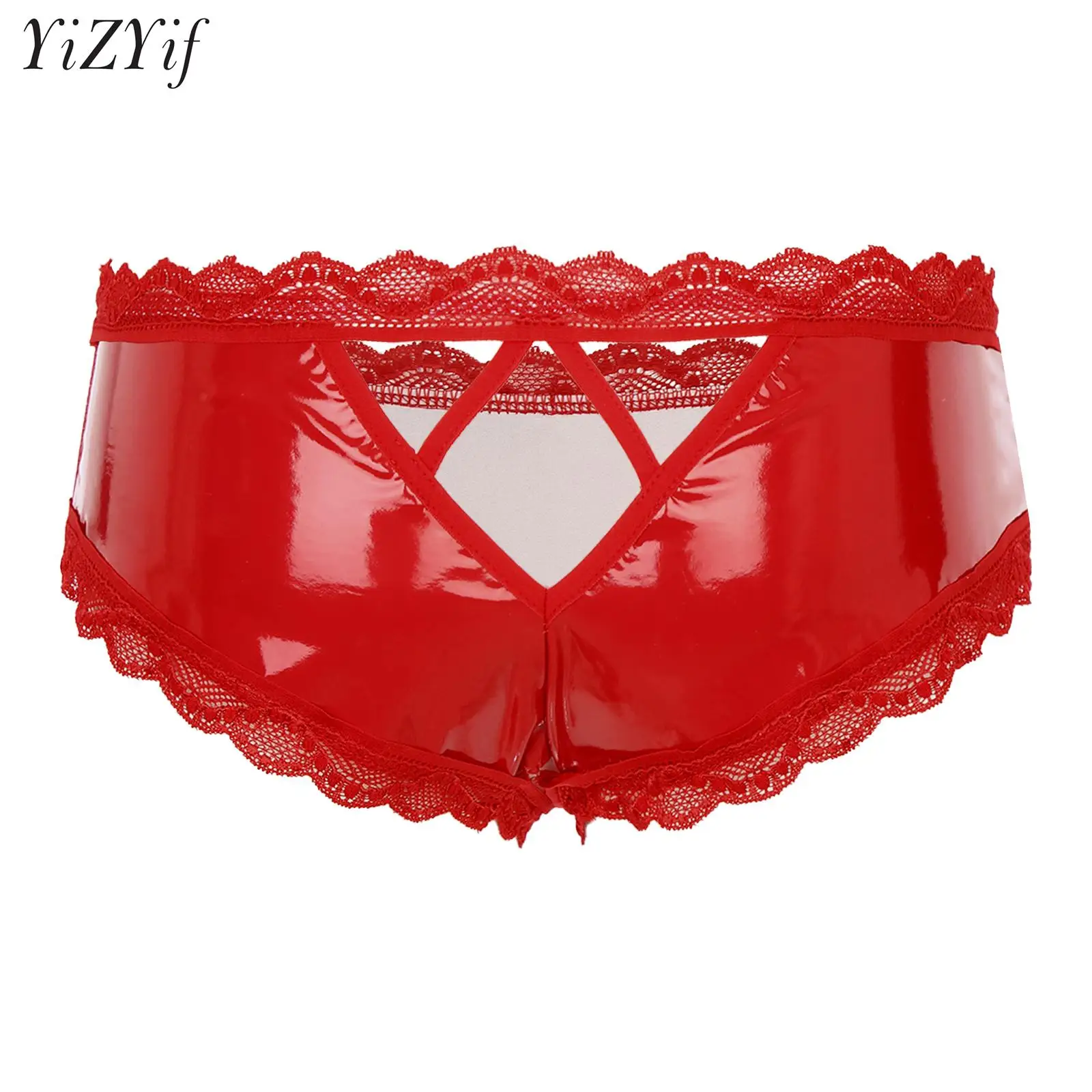 

Men's Wet Look PVC Leather Underpants Sexy Lace Open Crotch Briefs Underwear Sissy Panties Male Gay Lingerie Nightwear