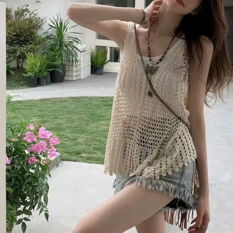 

Boho Beach Hollow Out Tops Women Summer Sexy Sleeveless Tank Tops Fairy Grunge Y2k Fold Over Streetwear Vest 2025