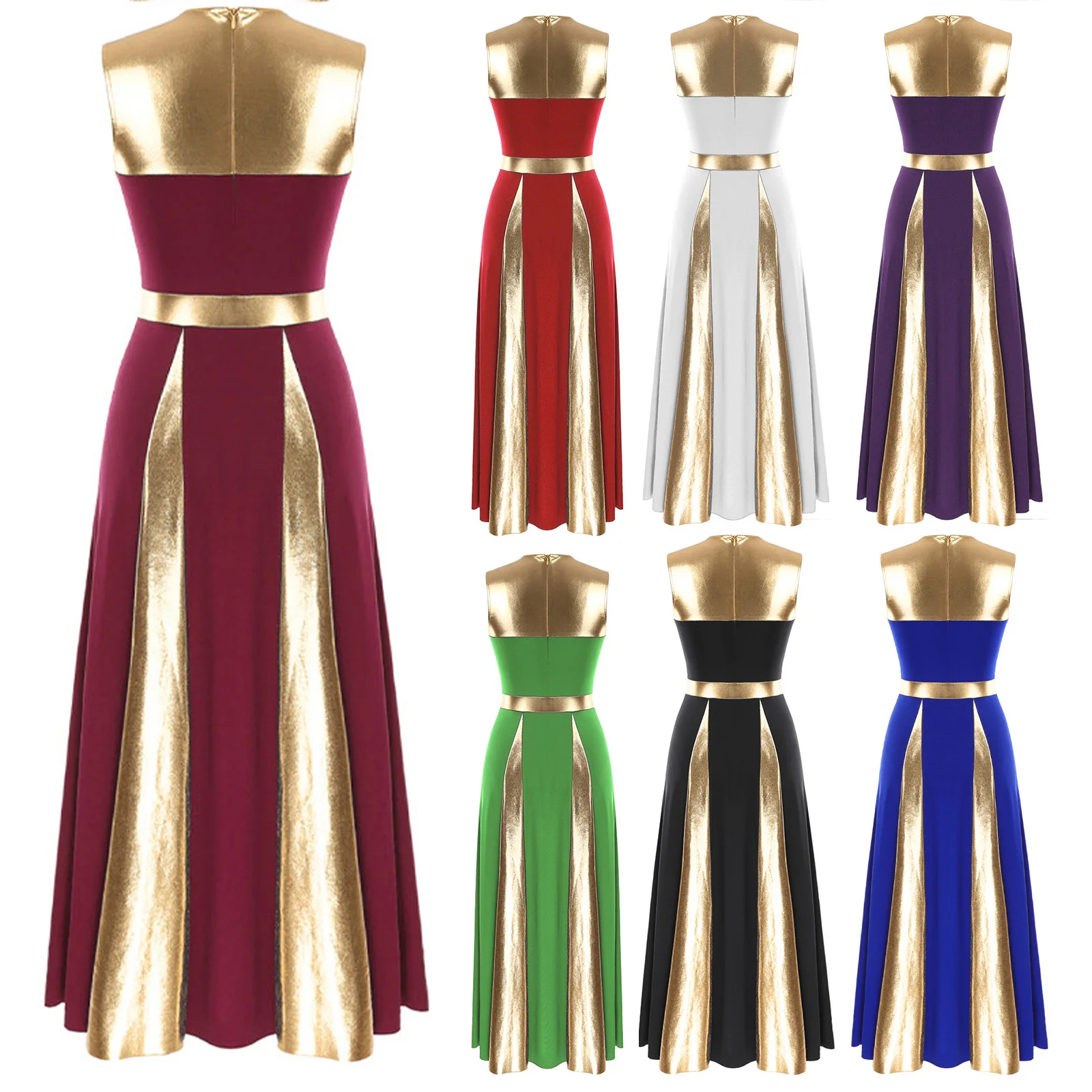 

Womens Color Block Lyrical Dance Dress Patchwork Invisible Zipper Back Sleeveless Dresses Church Worship for Stage Performance