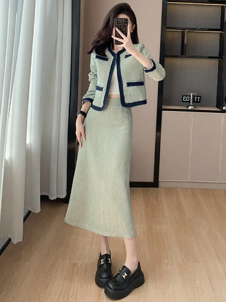 Korean Chic Autumn High-end Socialite Tweed Long-sleeve Short Coat and Elegant Skirt Two-piece Women's Outfit Female Office Lady