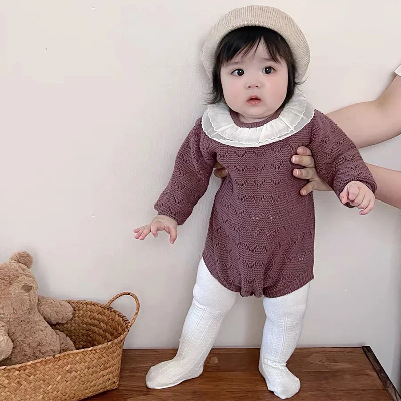 

Вязаный комбинезон для маленьких девочек, новый осенний вязаный комбинезон для малышей, вязаный комбинезон для маленьких девочек, кружевной воротник, ажурная одежда