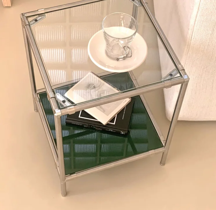 Modern tempered glass bedside table side end ultra-thin metal frame sofa table with storage shelves