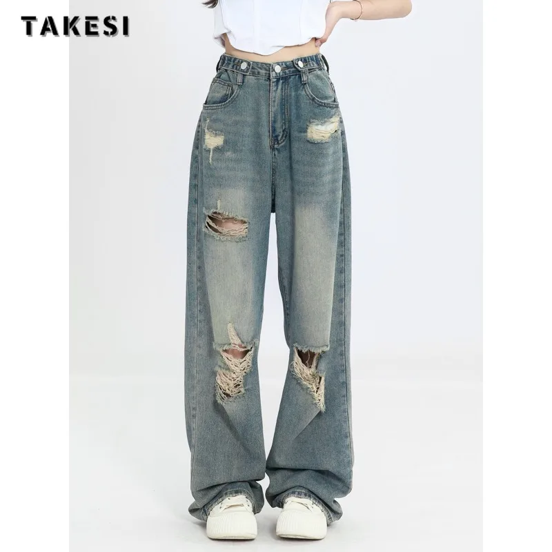 

2023 Autumn Harajuku High Waist Vintage Y2K Loose Jeans Pants Women's Wide Leg Baggy Ripped Streetwear Style Denim Trouser