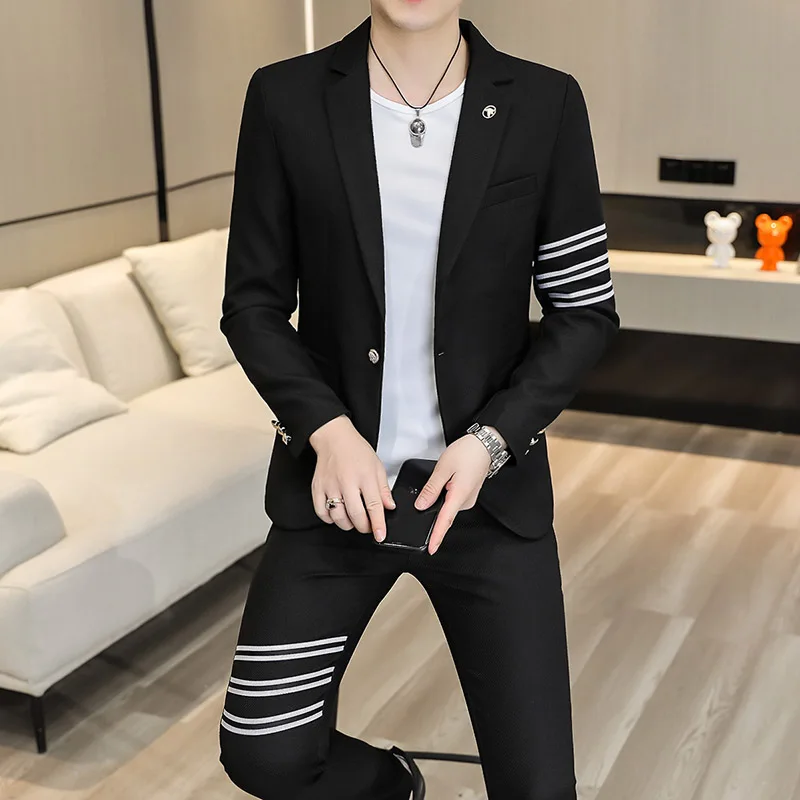 2024 Men's Korean version slim-fit trend (suit + trousers) Fashion business casual solid color handsome two-piece set