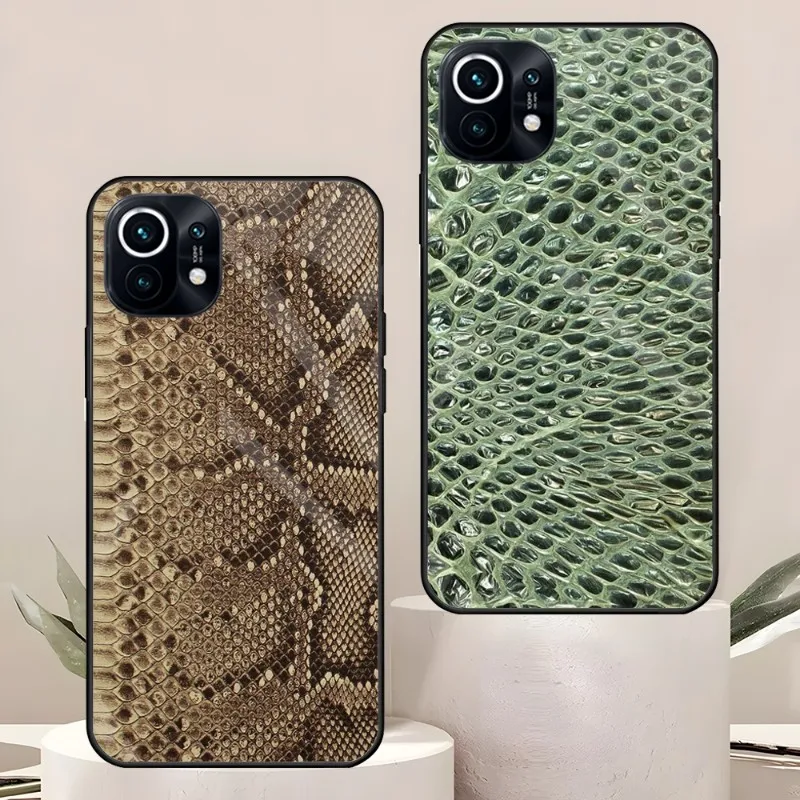 Leather Snake Scales Phone Case For Xiaomi 11 13 12 Pro X T Lite POCO F3 S Note 10 S 8 A 9 Redmi Tempered Glass Coque