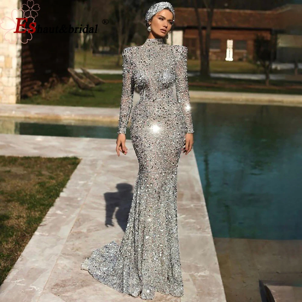 Elegant Muslim Beads Mermaid Evening Night Dress 2023 High Neck Long Sleeves Sequin Formal Prom Wedding Party Gowns for Women