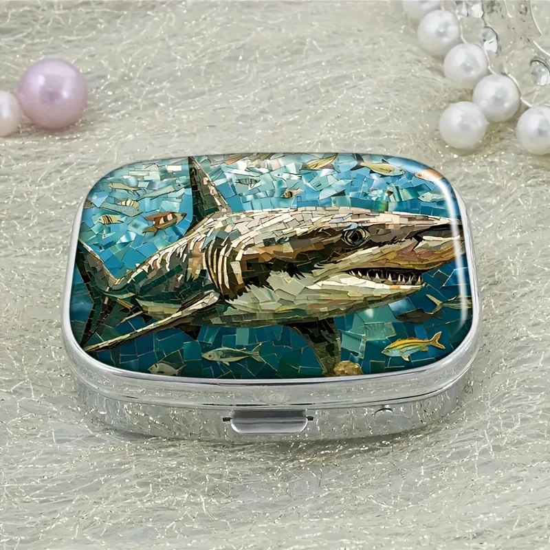 Decorative Shark Pattern Pill Box, Compact 2-grid Drug Organizer, Portable Vitamin Holder, for Pocket or Purse