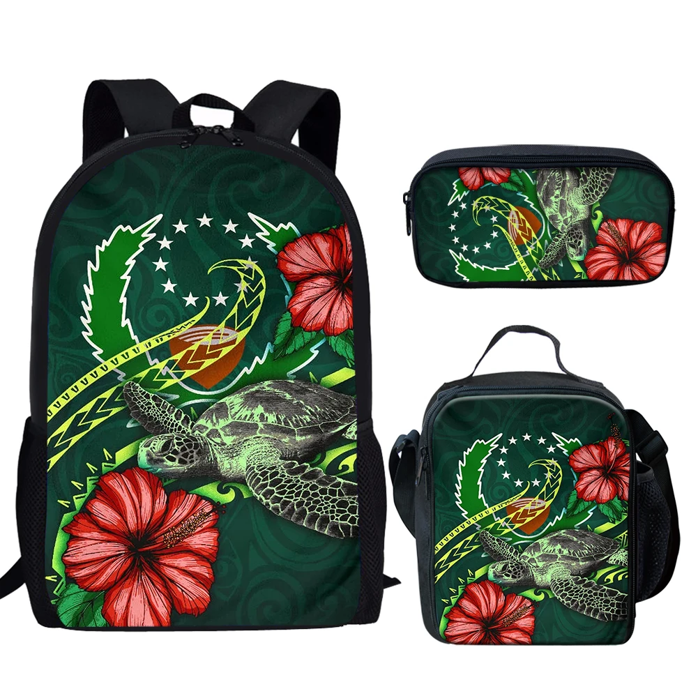 3 buah Set tas sekolah Pohnpei Tribal Plumeria ransel cetak untuk remaja laki-laki perempuan ransel kasual tas buku tas makan siang tas pensil