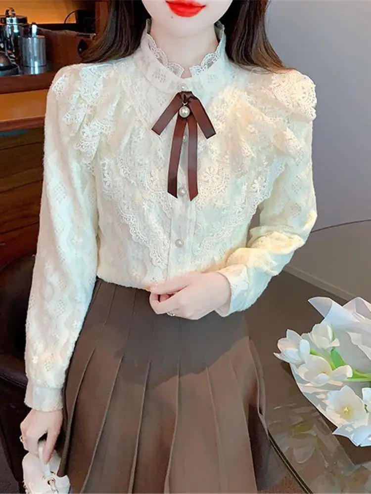 

Women's Fce Lined Lace Blouse Thiened Autumn Winter Faion Inner Wear Knot irt Stand Collar Regular Fit