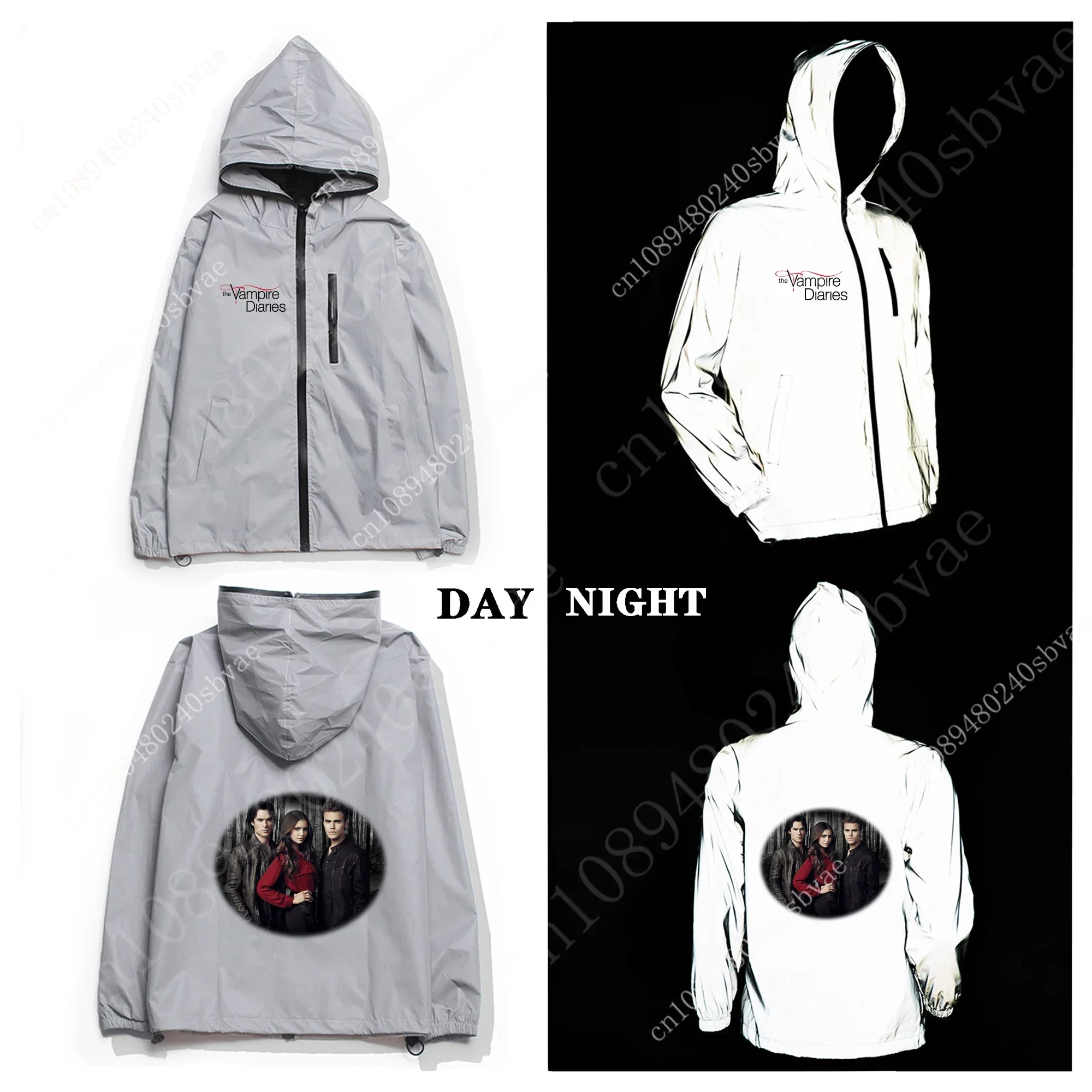 Chaqueta reflectante de los Vampiros, con la imagen de Damon Salvatore, para hombre y mujer, con capucha, cortavientos, chaqueta deportiva con bolsillos, sudadera con capucha personalizada.