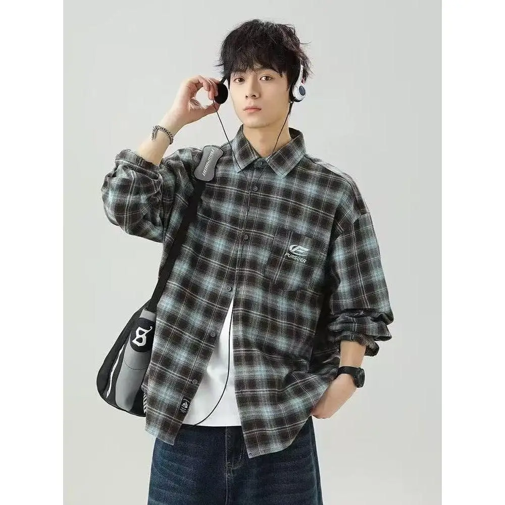 

New Men's Plaid Long Sleeve Shirt Vintage Hong Kong Style Lazy Fashion Loose Inner Wear Shirt Standard Fit Polyester Fiber