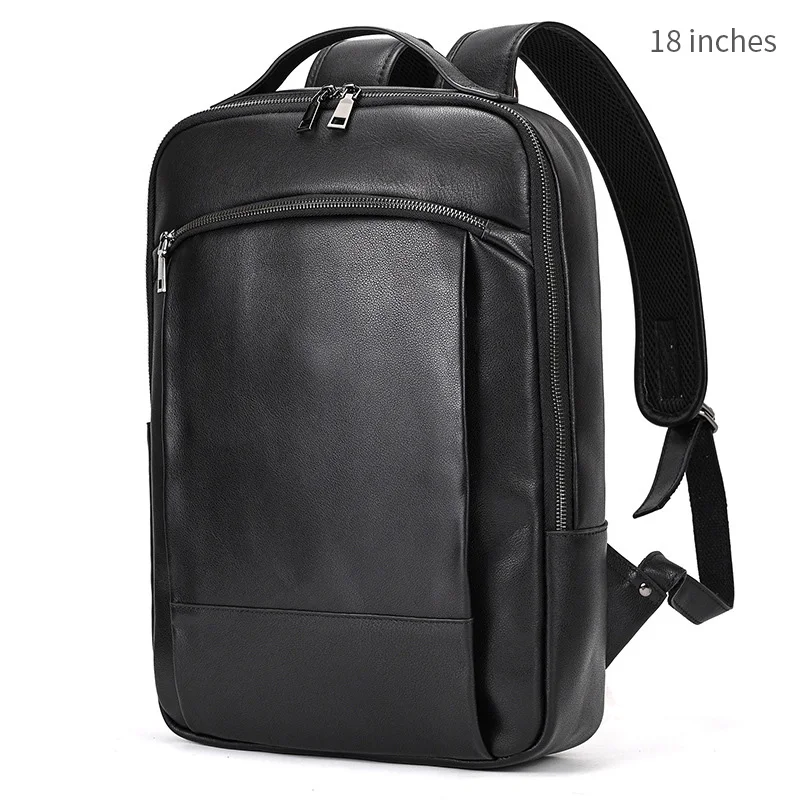 Retro backpack Double zippered main bag leather backpack Large capacity cowhide travel bag 18 inches Men women Leisure computer