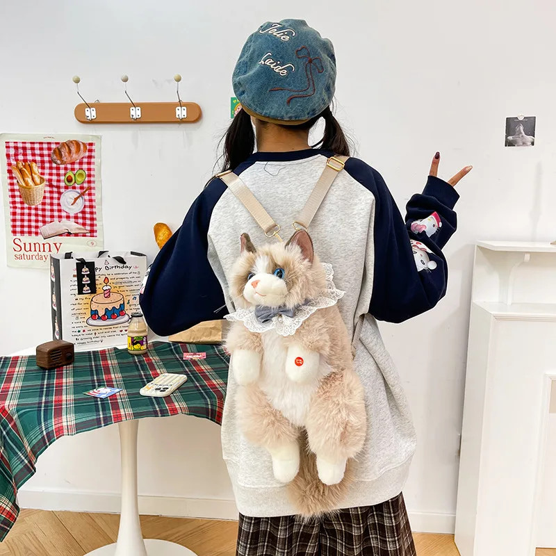 

Реалистичный плюшевый рюкзак-кошка Рэгдолл с эффектом мяукания, мягкая игрушка с кружевной отделкой, милая успокаивающая кукла, подарок на день рождения для детей